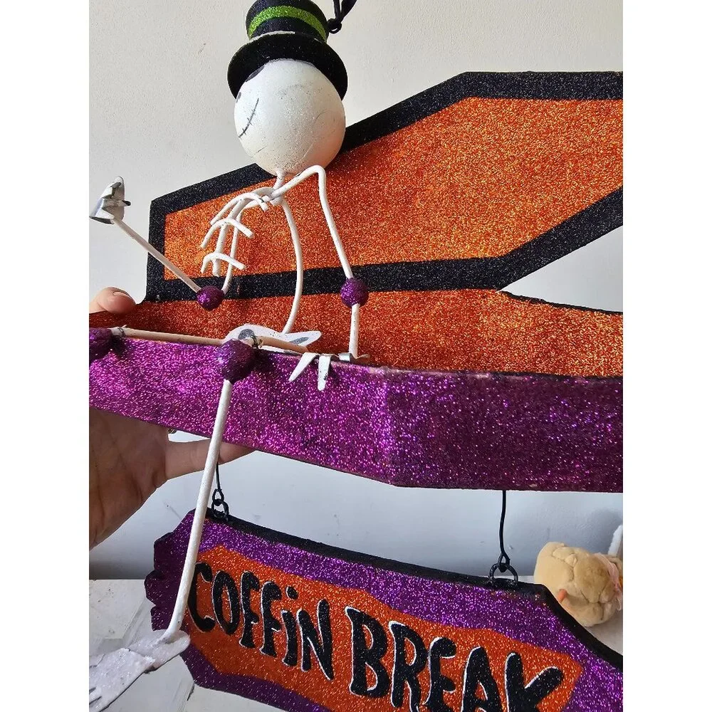 Pier 1 skeleton coffin break glitter RARE Halloween sign hanging decor unique sp